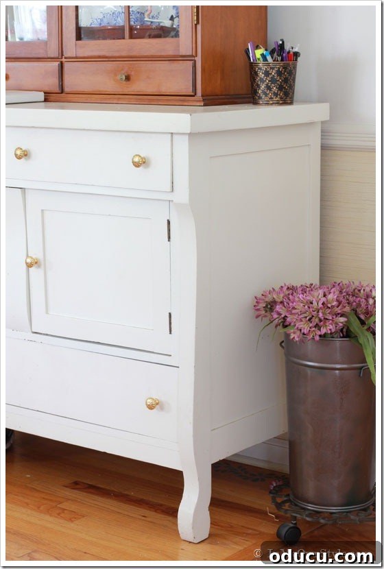 Furniture Reimagined 6 Furniture making ideas using repurposed items. A glass cabinet sits atop a sideboard, creating a hutch.