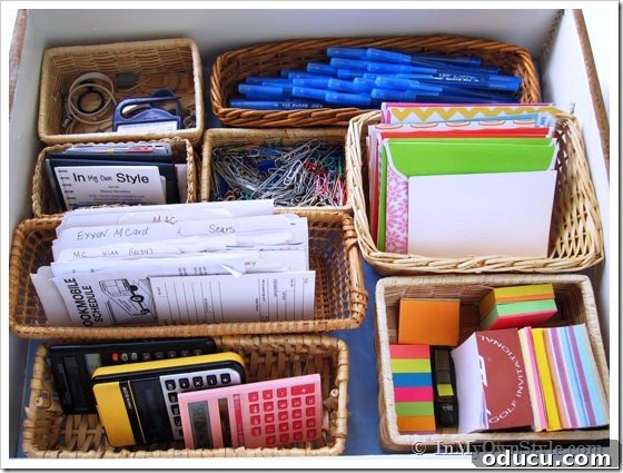 Furniture Reimagined 9 Organizing ideas for drawers using repurposed baskets. A neat desk drawer with various items sorted into square and rectangular baskets.