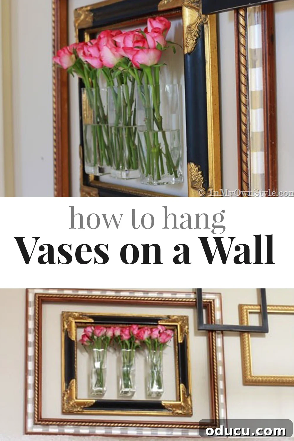 The Art of the Empty Frame Gallery Wall 2 rectangular glass vases on a wall mixed in with empty picture frames to create a unique layered gallery wall.