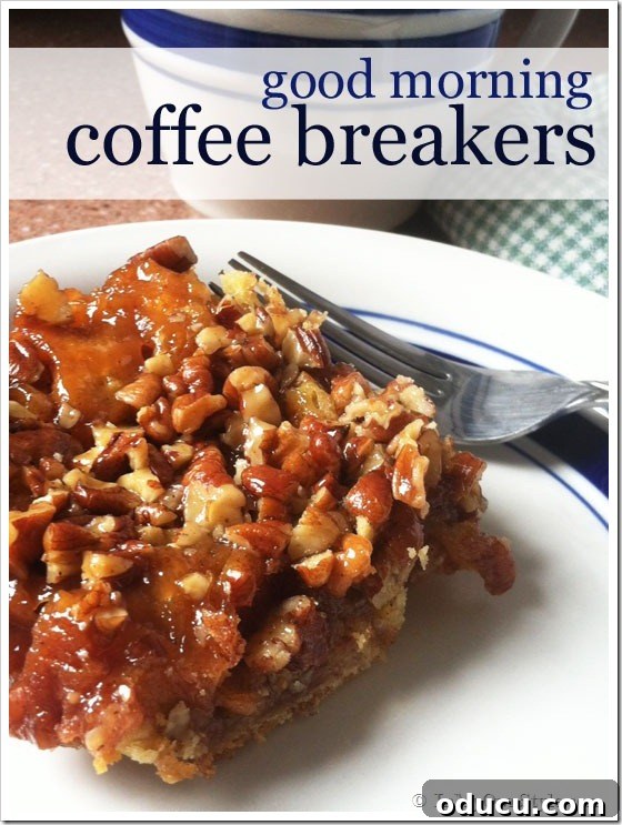 Coffee Breaker Recipe Coffee Breaker sticky buns, golden brown and glistening with gooey topping, on a white plate ready to be enjoyed.