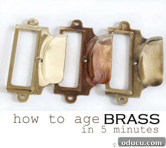 Instant Brass Patina: A 5-Minute Method 3 Comparison of three brass pull finishes: bright, dark aged, and antiqued, demonstrating how to age brass effectively.