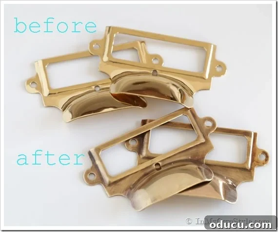 Instant Brass Patina: A 5-Minute Method 9 Before and after comparison of drawer pulls after using Brass Ager, showing a successful antique transformation.