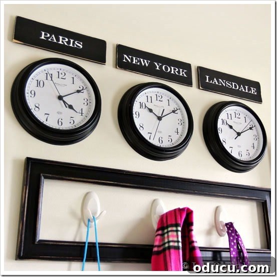 Decorating ideas using wall clocks Decorating ideas for mudrooms using a row of three wall clocks with custom city signs above them, creating a stylish time zone display.