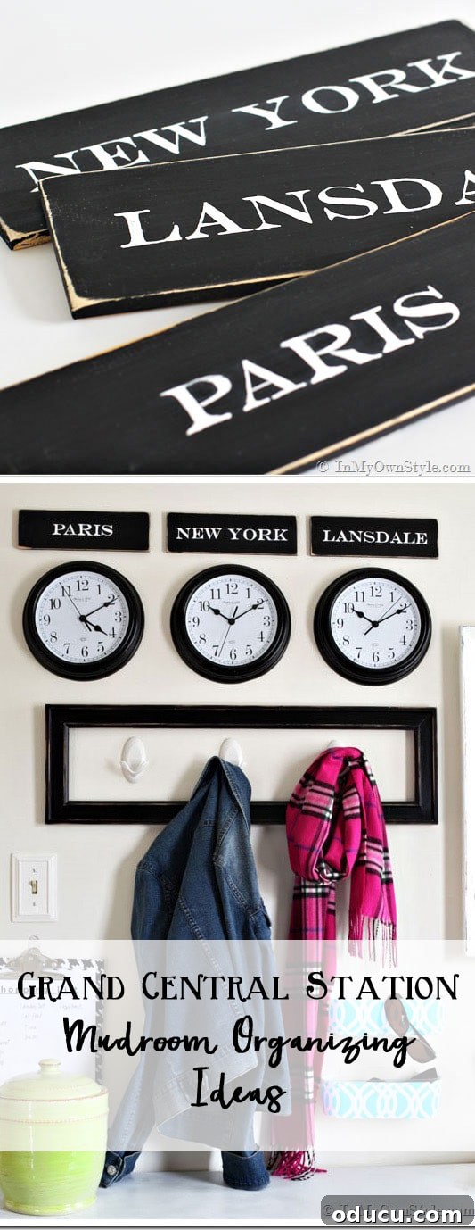 Mudroom Organizing and DIY Ideas that use the wall to help you and your family stay organized Mudroom Organizing and DIY Ideas that use the wall to help you and your family stay organized, featuring custom city signs and clocks.