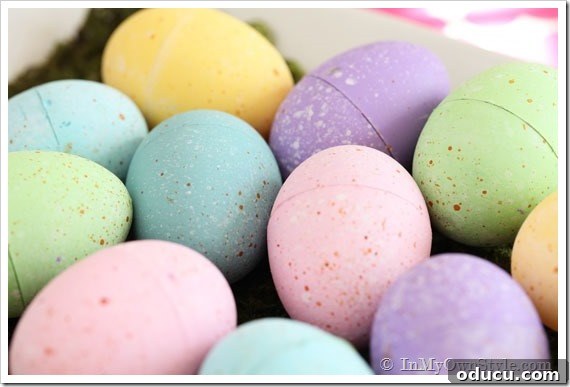 DIY Speckled Easter Eggs with Chalk Paint Chalk painted plastic Easter eggs displaying a charming speckled effect, perfect for Easter decorating ideas.