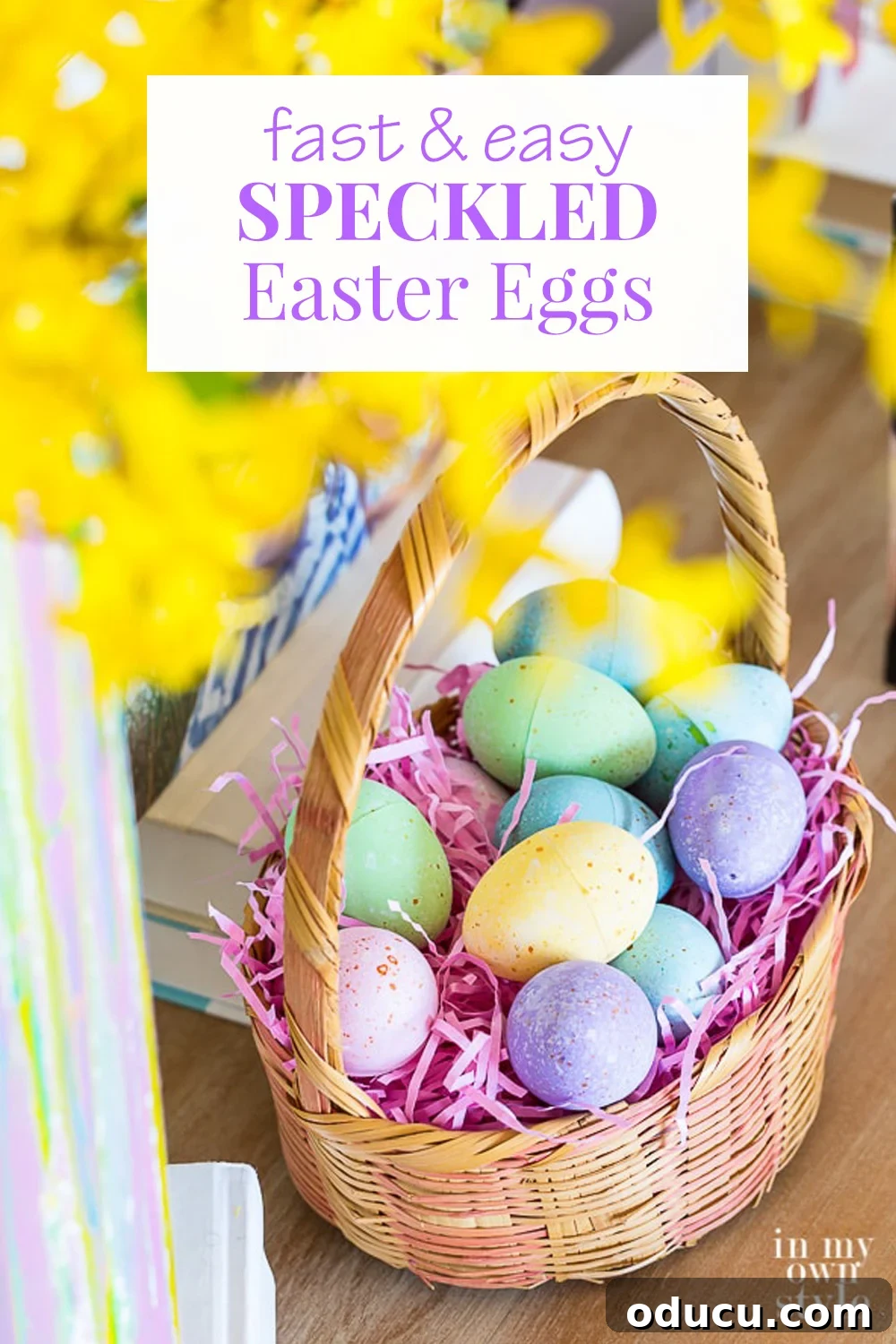 Velvet Speckle Easter Eggs 2 Easter basket on table with painted speckled eggs nestled inside, showcasing beautiful craft paint transformation.