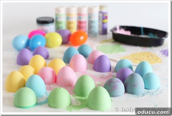 Inspirational Speckled Easter Egg Decorating Ideas A collection of beautifully decorated Easter egg ideas, featuring various colors and the unique speckled finish achieved with chalk paint.