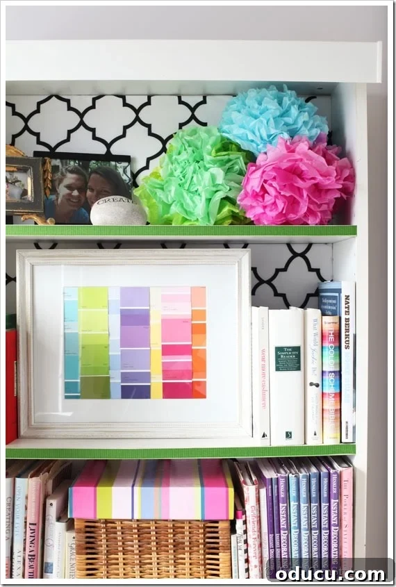 Bookcase-shelves-trimmed-with-decorative-ribbon
