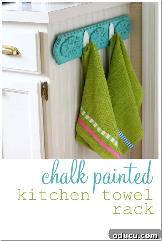 Vibrant Chalk Painted Dishtowel Rack Chalk-painted dish towel rack with a vibrant turquoise finish, ready to enhance kitchen decor.