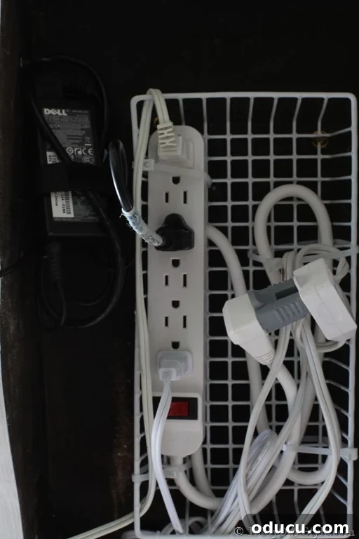 Clutter-Free Desk: DIY Cable Management 11 Cord management idea for a home office, showing a laptop power brick secured under the desk