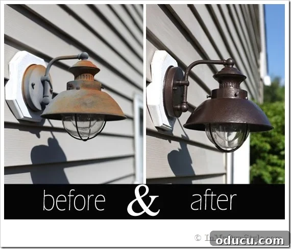 Fast-and-Easy-Way-to-Update-a-light-fixture Before and After photos showing the dramatic transformation of a rusted light fixture