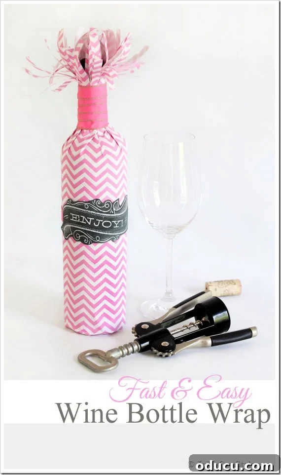 How to Festively Wrap a Wine Bottle for a Hostess Gift Beautifully wrapped wine bottle, ready to be given as a hostess gift.