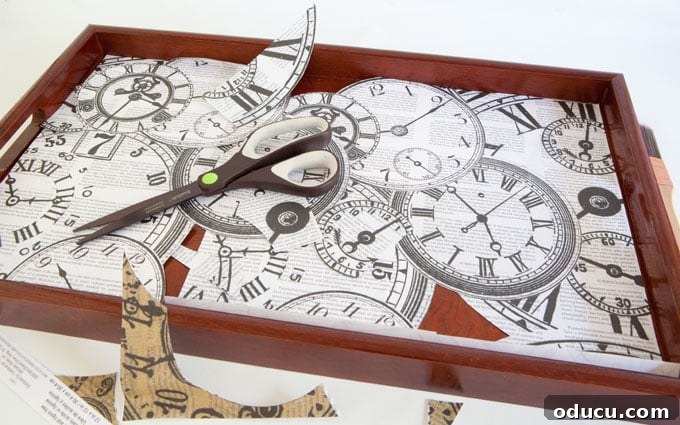 Thrift-store-tray-makeover using clock themed scrapbook paper Thrift-store-tray-makeover using clock themed scrapbook paper