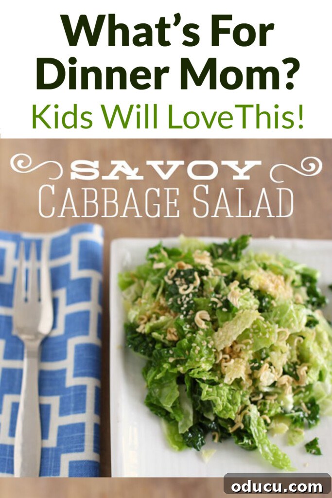 Savoy Cabbage Salad: The Recipe Everyone Raves About 3 Savoy cabbage salad on a white plate with a blue and white napkin and fork. Text overlay says What's For Dinner Mom? Kids Will Love this.