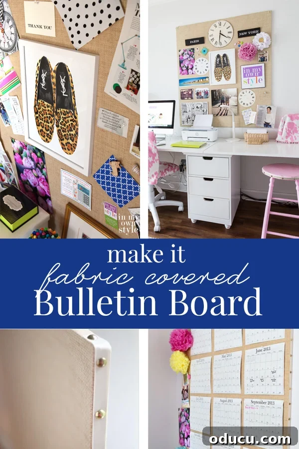 Craft Your Own Chic Fabric Bulletin Board 7 Home office photos showing DIY fabric covered bulletin board on wall.
