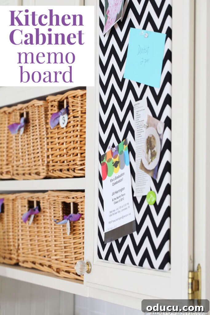 Transform Your Cabinet Door into a Smart Kitchen Message Center 8 Pretty fabric covered kitchen message board that is attached to a the outside of a kitchen cabinet door. Text overlay says Kitchen Cabinet Memo Board.