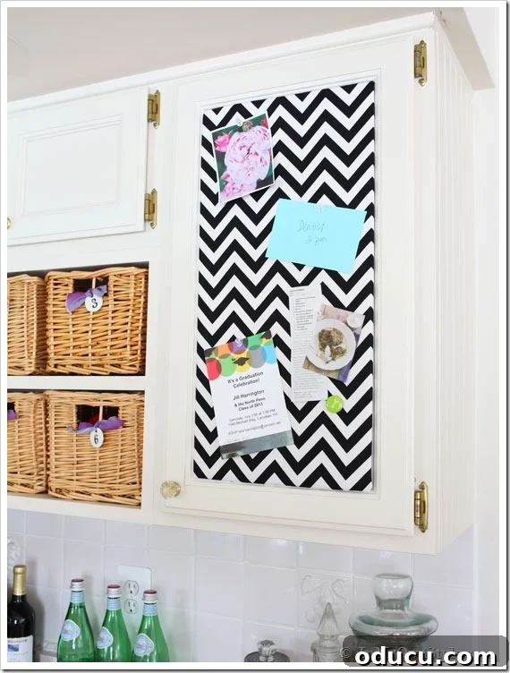 Transform Your Cabinet Door into a Smart Kitchen Message Center 6 Completed Memo board attached to the front of a kitchen cabinet.