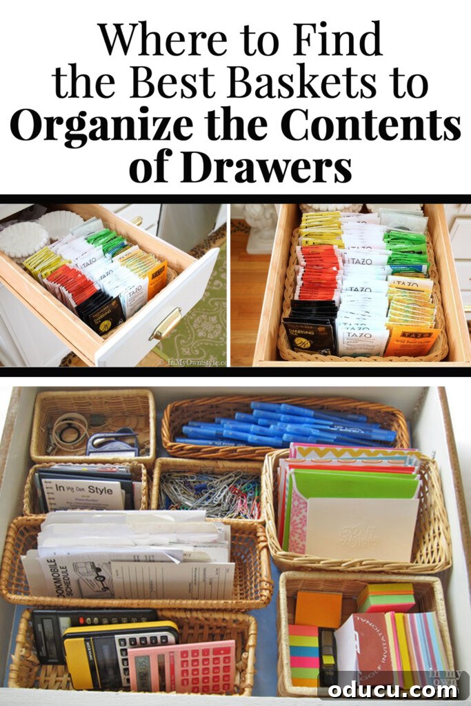 Basket Brilliance: Organize Drawers and Beyond 4 Images of drawers filled with low sided baskets. Text overlay says Where to find the best baskets to organize the contents of drawers.