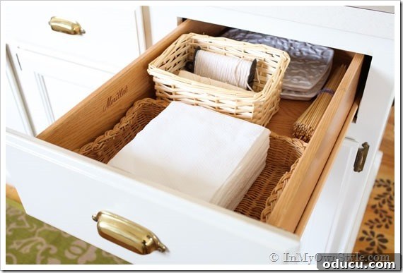 Kitchen-Drawer-organizers made using baskets Kitchen-Drawer-filled with small baskets to hold small items.