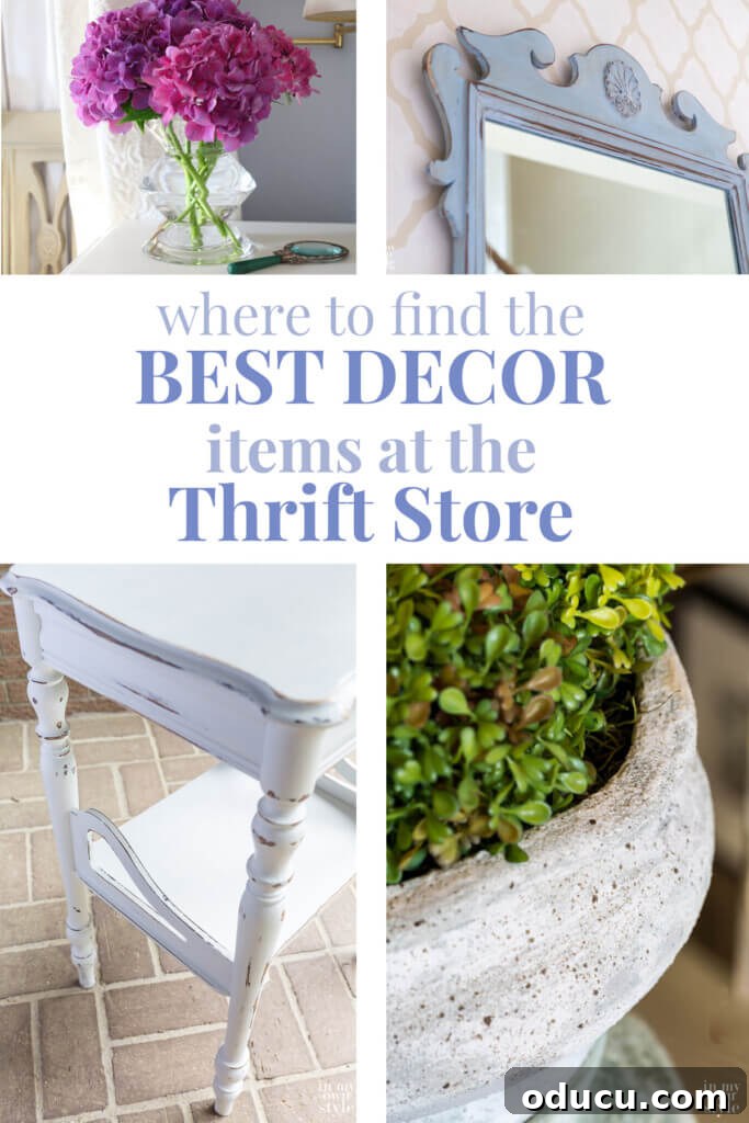 Thrifted Decorating Secrets Finding Your Home's Hidden Treasures 20 4 images of home decor items. Text overlay says Where to find the best decor items at the thrift store.