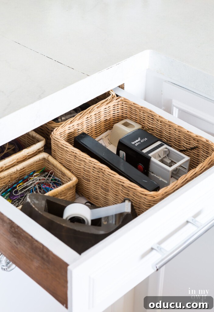 Thrifted Decorating Secrets Finding Your Home's Hidden Treasures 9 Kitchen drawer used as a desk drawer.