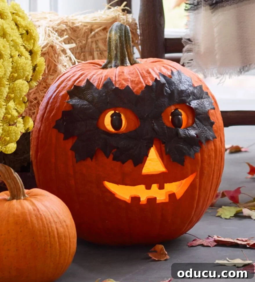 Whimsical Pumpkin Carving Ideas for Halloween 17 Cute pumpkin carving idea for boys using leaves for a mask