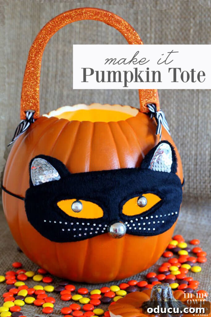 Whimsical Pumpkin Carving Ideas for Halloween 18 A foam pumpkin carved into a jack-o-lantern for Halloween with a black cat mask and handles, suitable as a candy tote or decoration.