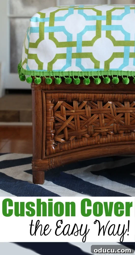 Waverize-It--Simple-Sew-Cushion-Cover-For-an-Ottoman Vibrant and easy-to-make cushion cover for an ottoman, featuring Waverly's Groovy Grille 'Confetti' fabric, perfect for a quick home decor update.