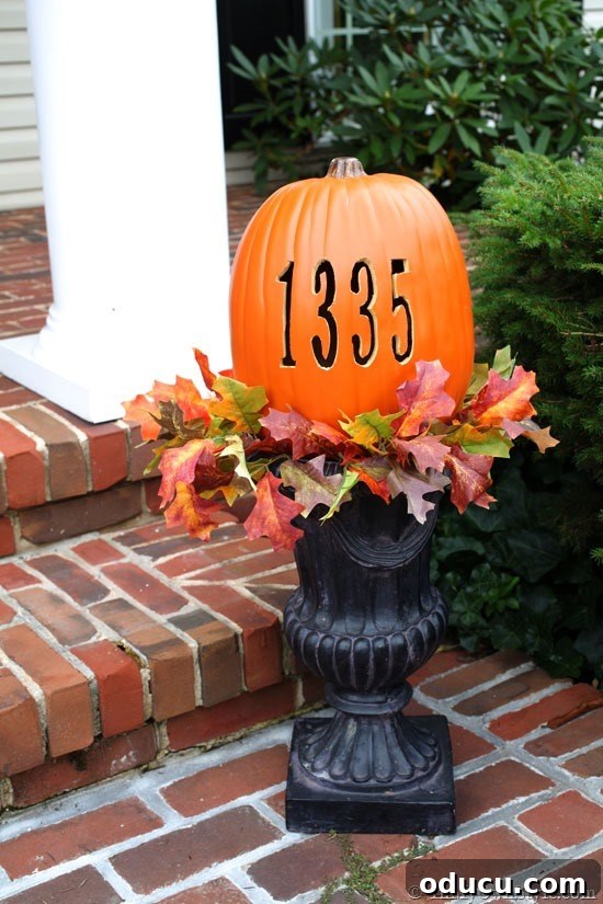 Decorate your front steps with a custom carved foam pumpkin for fall. Final display of a beautifully carved foam pumpkin with house address, showcasing fall decor on front steps.