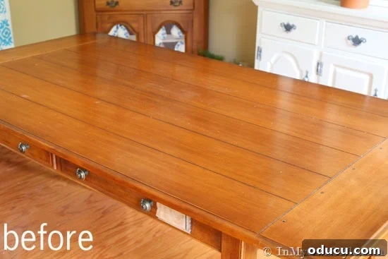 Dining Table Before Makeover with Dark Orange Wood Finish