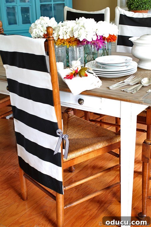 No sew chair back cover, an easy DIY for Thanksgiving dining room decor.