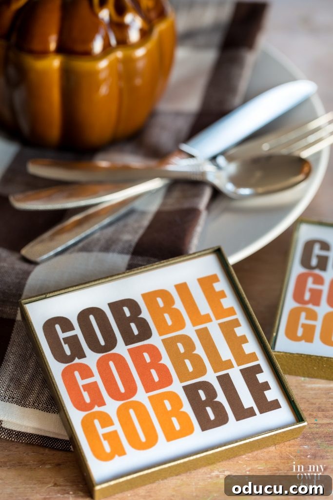 Thanksgiving drink coaster free printable that says Gobble Gobble, perfect for holiday entertaining.