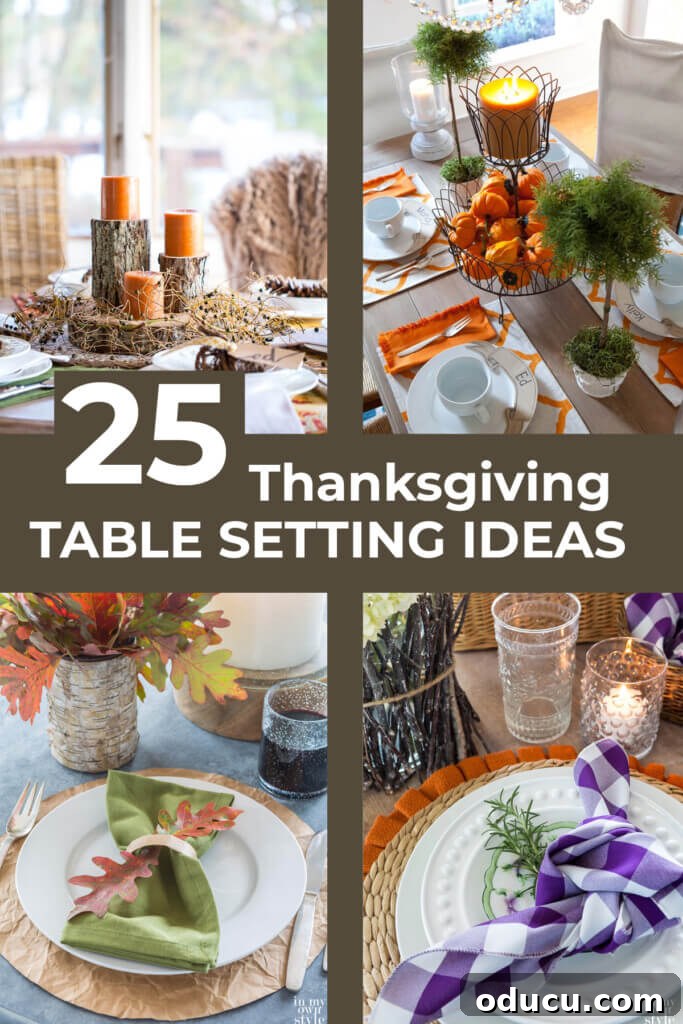 4 images of Thanksgiving table setting ideas, showcasing 25 creative and budget-friendly decor options.