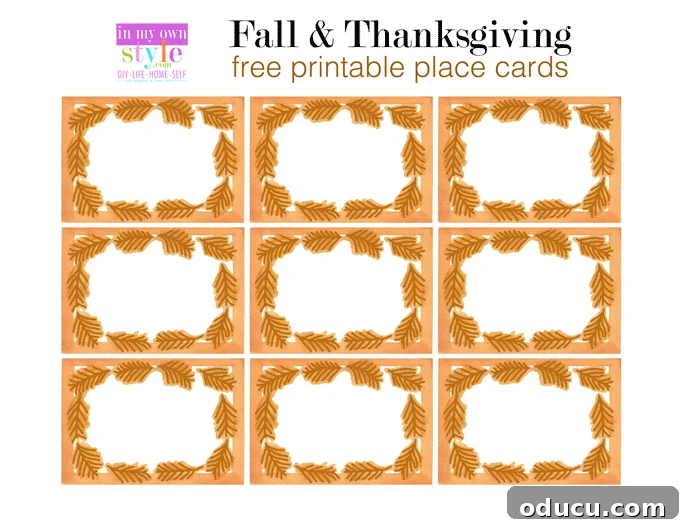 Free printable sheet of Thanksgiving table place cards, ready for customization.