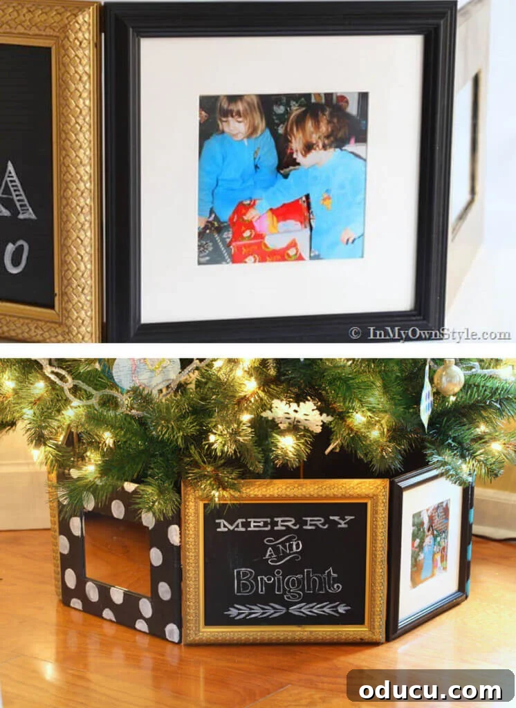 Upcycled Photo Frame Christmas Tree Skirt 17 A beautifully personalized Picture Frame Christmas Tree Collar DIY, featuring cherished family photos that add a sentimental touch to holiday decor.