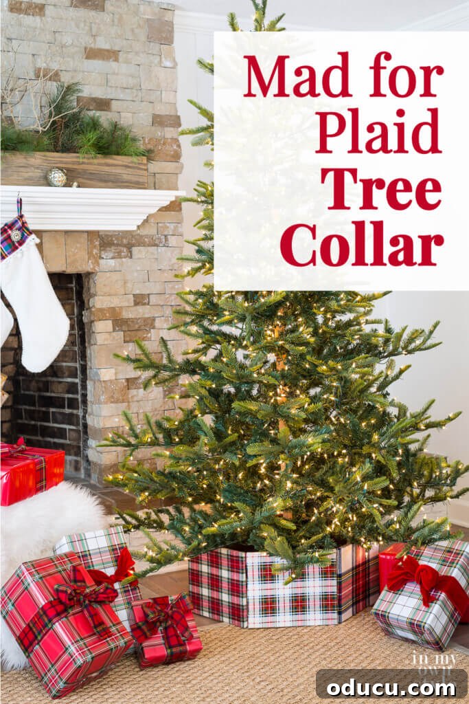 Upcycled Photo Frame Christmas Tree Skirt 20 A beautifully decorated Christmas tree featuring a plaid wrap-around Christmas tree collar. Text overlay reads 'Mad for Plaid Tree Collar'.