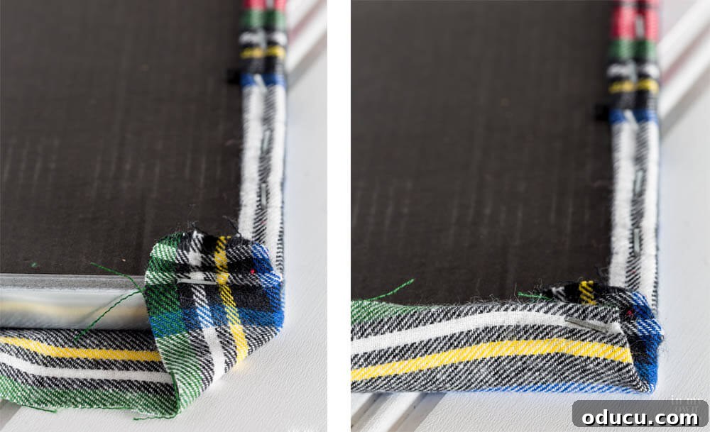 Upcycled Photo Frame Christmas Tree Skirt 9 Close-up photos illustrating the step-by-step method for neatly stapling fabric around the corners of a photo frame, ensuring a professional finish for a Christmas tree stand cover.