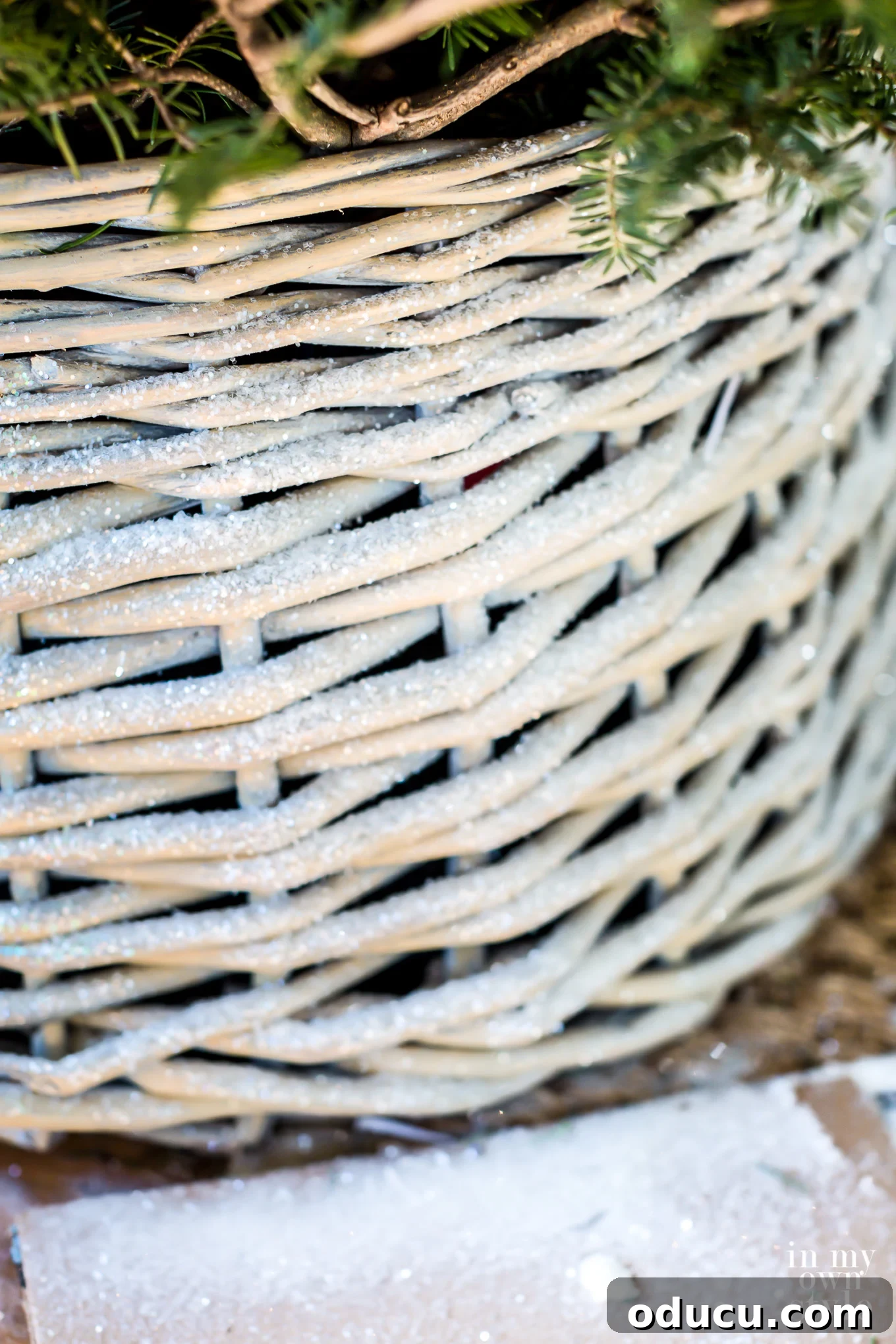 Handcrafted Basket Tree Collar 4 Wicker Christmas Tree collar getting a coat of glitter