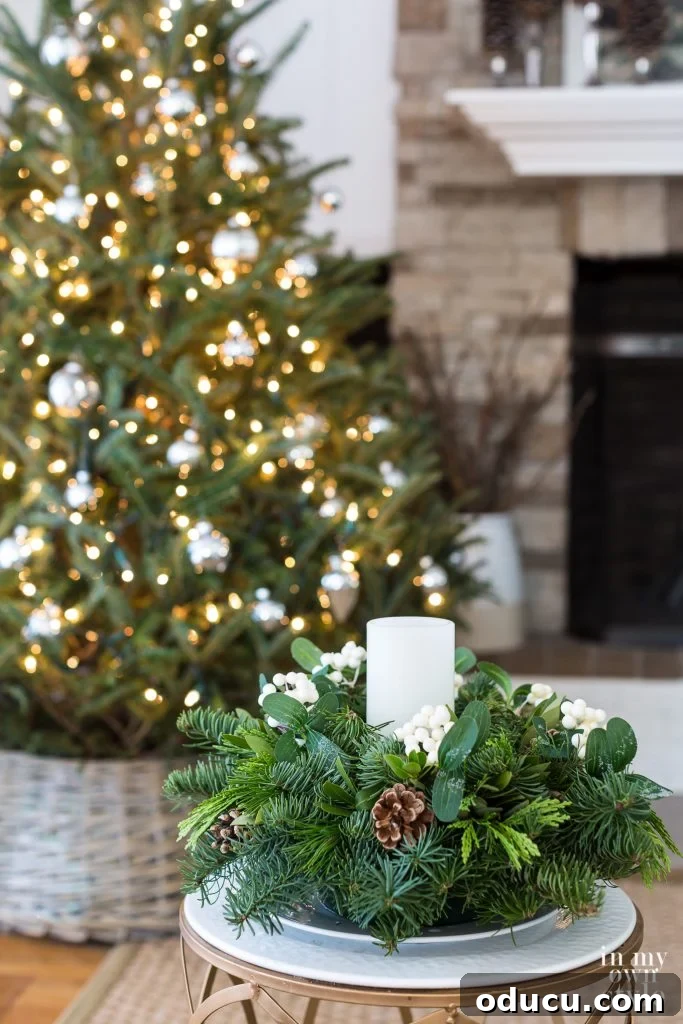 Handcrafted Basket Tree Collar 6 Christmas tree and fresh greenery centerpiece with pillar candle