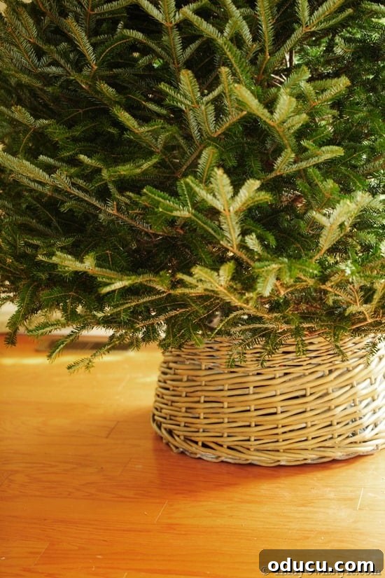Christmas-Tree-Skirt-made-using-a-basket Christmas tree collar made using a basket