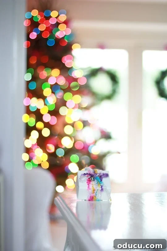 Holiday-Bokeh Effect using the Squint Test A close-up image showing the bokeh effect created by squinting at Christmas tree lights.