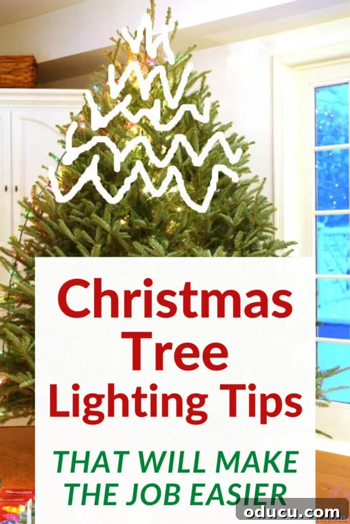 Foolproof Christmas Tree Lighting for a Dazzling Display 4 A beautifully lit Christmas tree demonstrating the easy way to put strings of lights on, showing a weave pattern for effective technique.