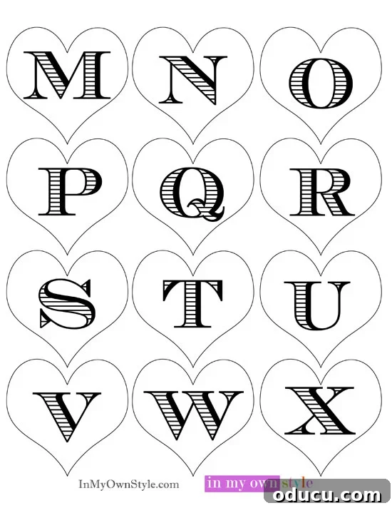 Heartfelt Initial Crafts: Free Valentine Printables 11 Valentine's Day Free Printable Heart Initial Gift Tags, Page 2: Letters M-X, perfect for personalized gifts and decor.