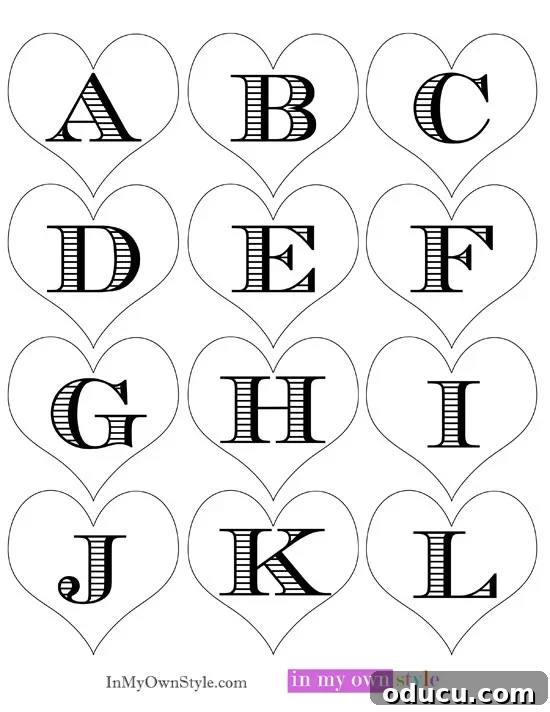 Heartfelt Initial Crafts: Free Valentine Printables 10 Valentine's Day Free Printable Heart Initial Gift Tags, Page 1: Letters A-L, ready to download and use for your crafts.