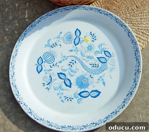 where you can find a white and blue patterned serving tray