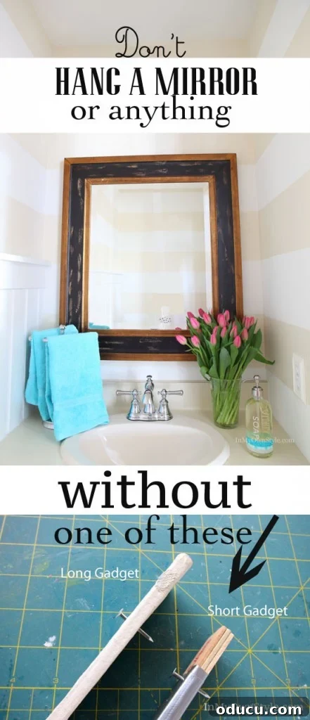 Instant Wall Decor: Hang Art & Mirrors Like a Pro 11 Don't hang a mirror or anything without this picture hanging gadget. Vertical image showing a mirror and the gadget.