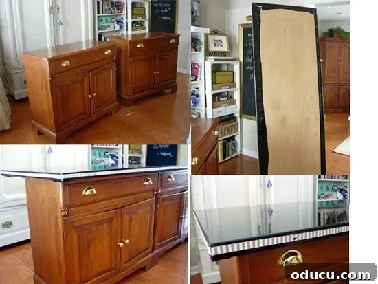 Create a Custom Crafting Station 2 4 images showing how to repurpose a sideboard into a craft work table