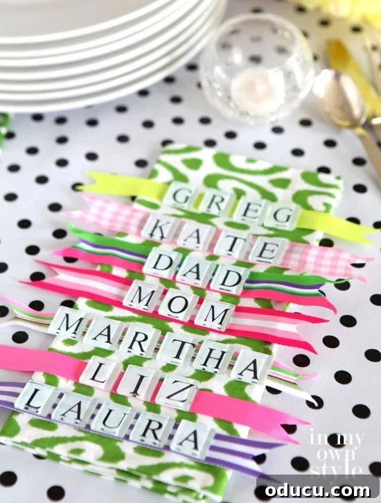 Ribbon-Adorned Seating Cards 2 ribbon and glass tile dinner table place cards