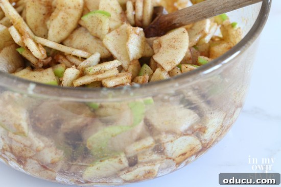 Mixing sliced apples with sugar, spices, and citrus juices for Ina Garten's Apple Crisp.