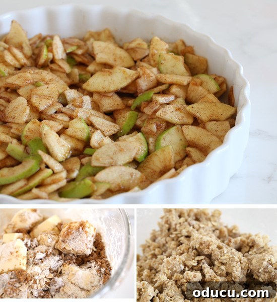 Prepared apple filling in a baking dish, ready for the topping.